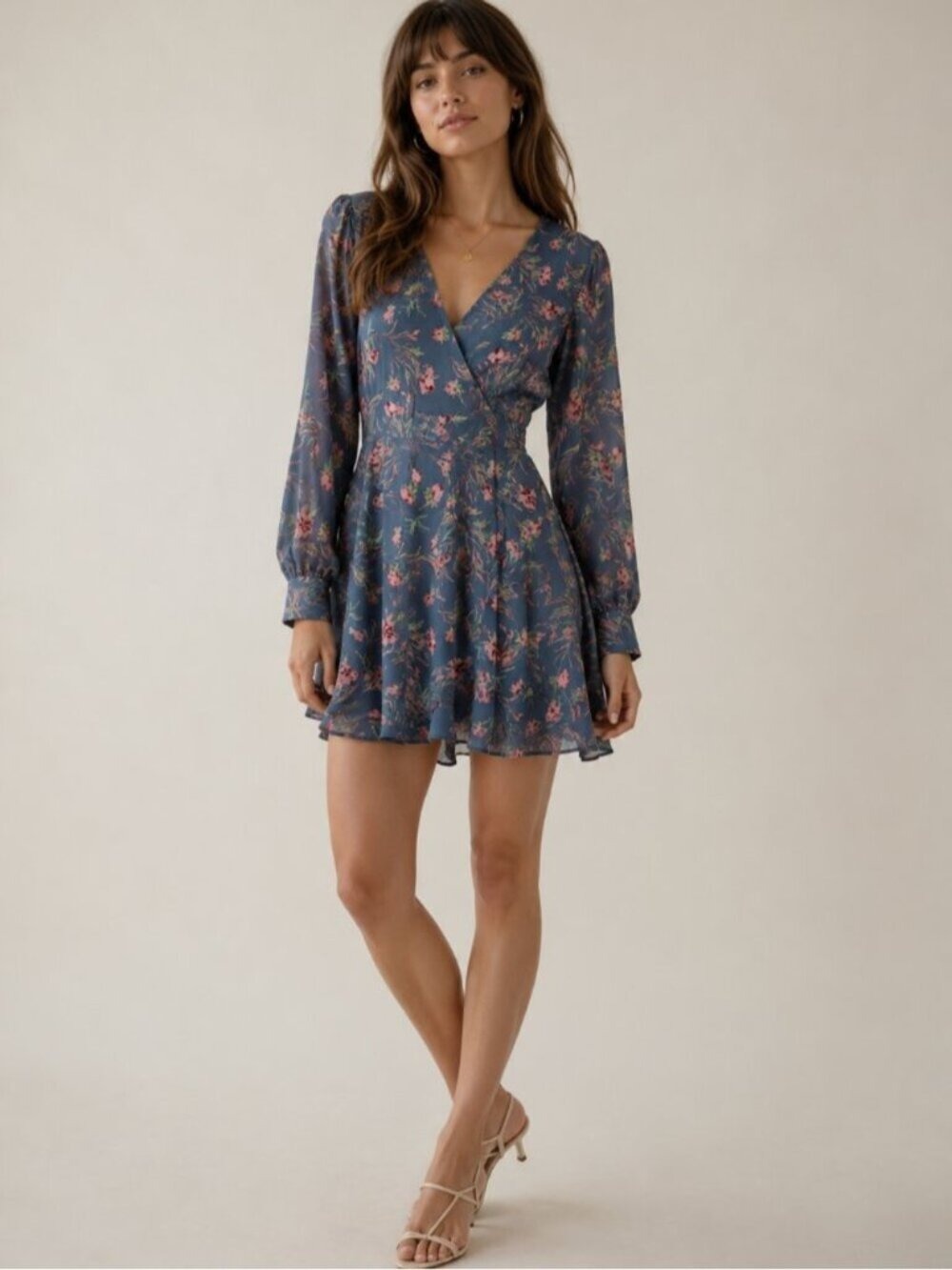 Floret Studios by Nordstrom Willow Slate Blue Floral V-Neck Dress Medium 0719